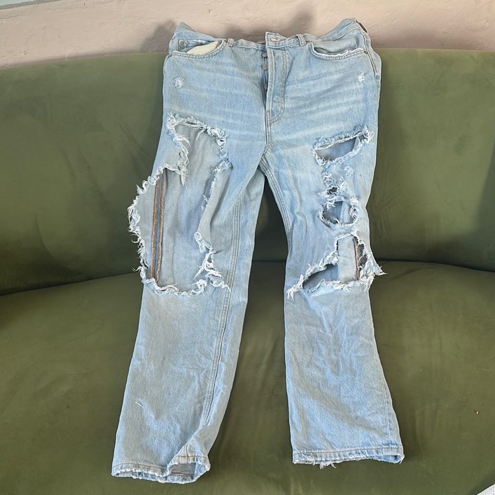 Zara High Rise Distressed Light Blue Jeans